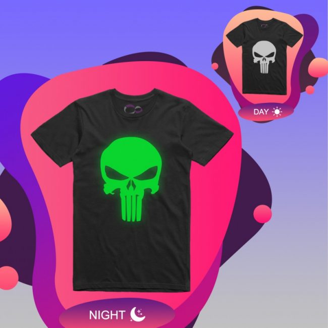 تیشرت شبنما طرح punisher | چاپ تیشرت شبنما و بلک لایت و شبرنگ با طرح دلخواه شما | تیشرت بلک لایت | تیشرت شبرنگ | تیشرت شب تاب | تیشرت شبرنگ دخترانه و پسرانه