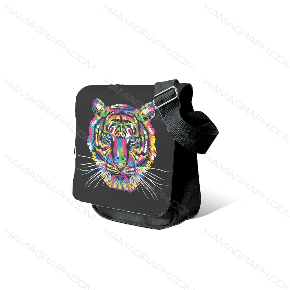 کیف رودوشی مردانه طرح colored tiger - طرح ببر فانتزی - کیف دوشی برزنتی - کیف مردانه طرح دار