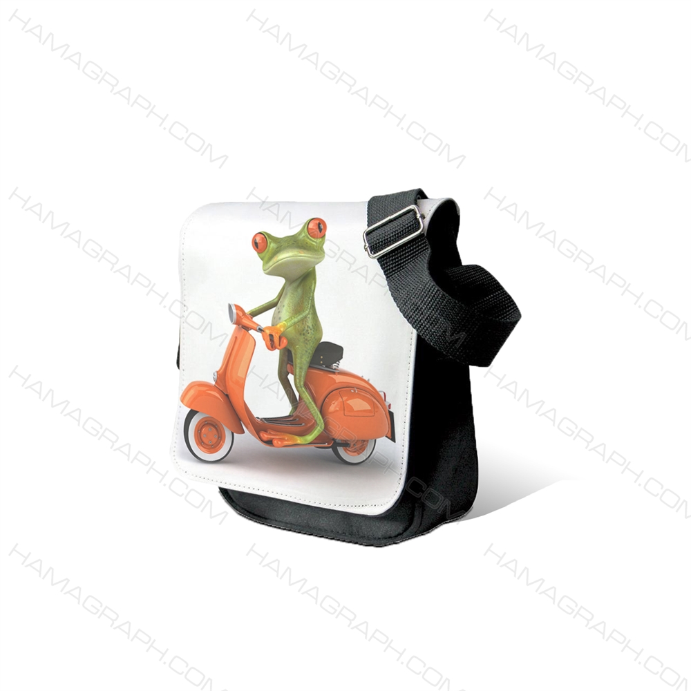 کیف رودوشی مردانه طرح frog on bike - طرح قورباغه - کیف برزنتی طرح دار - کیف دوشی