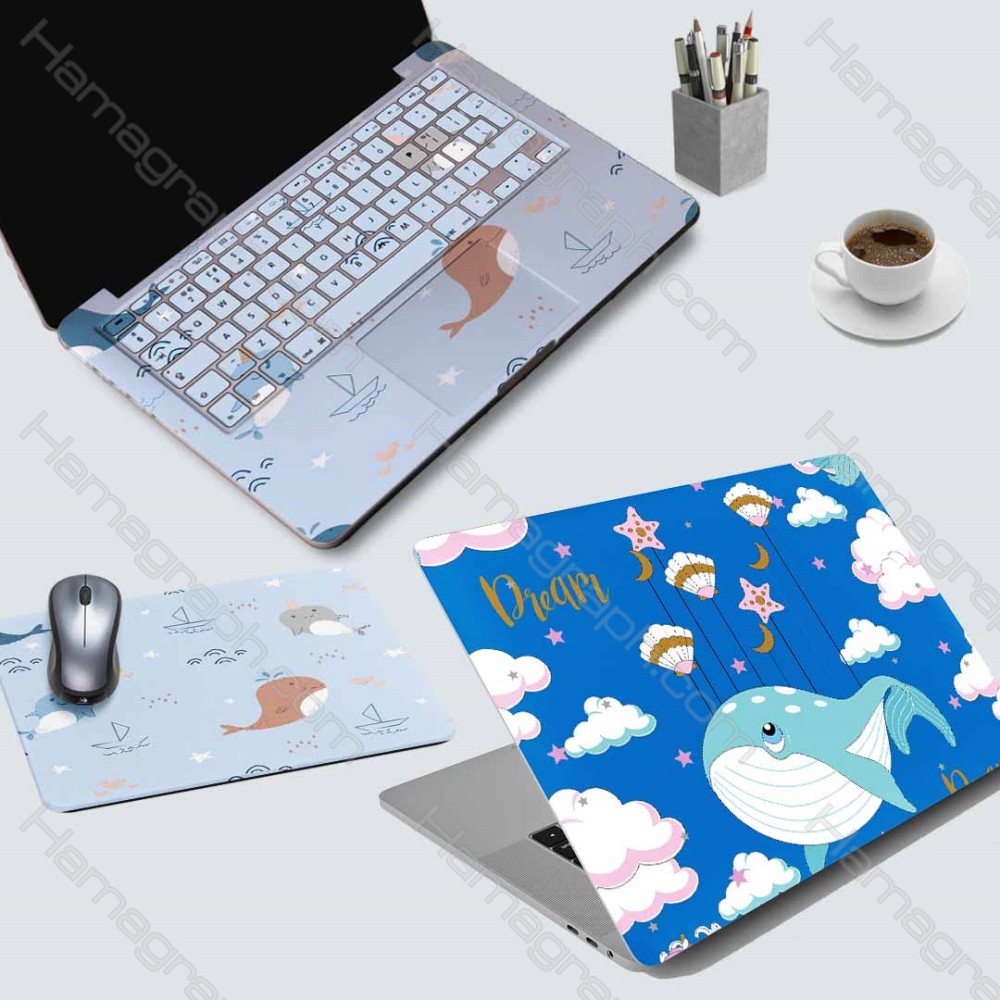 استیکر کامل لپ تاپ به همراه ماوس پد طرح whale in dreams